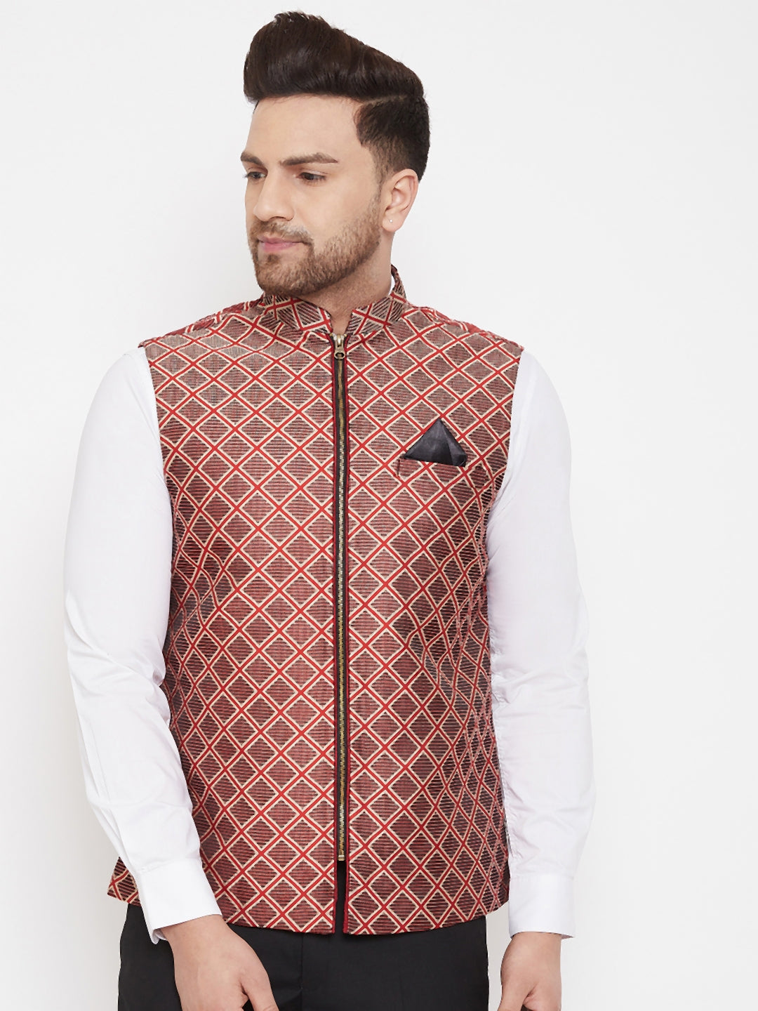 Men's Red Jute Cotton Zipper Nehru Jacket