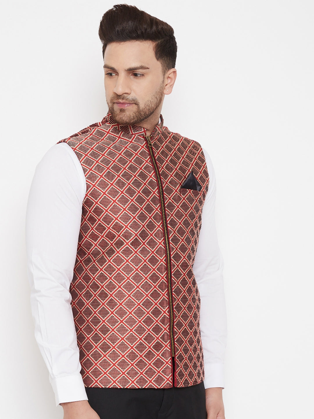 Men's Red Jute Cotton Zipper Nehru Jacket
