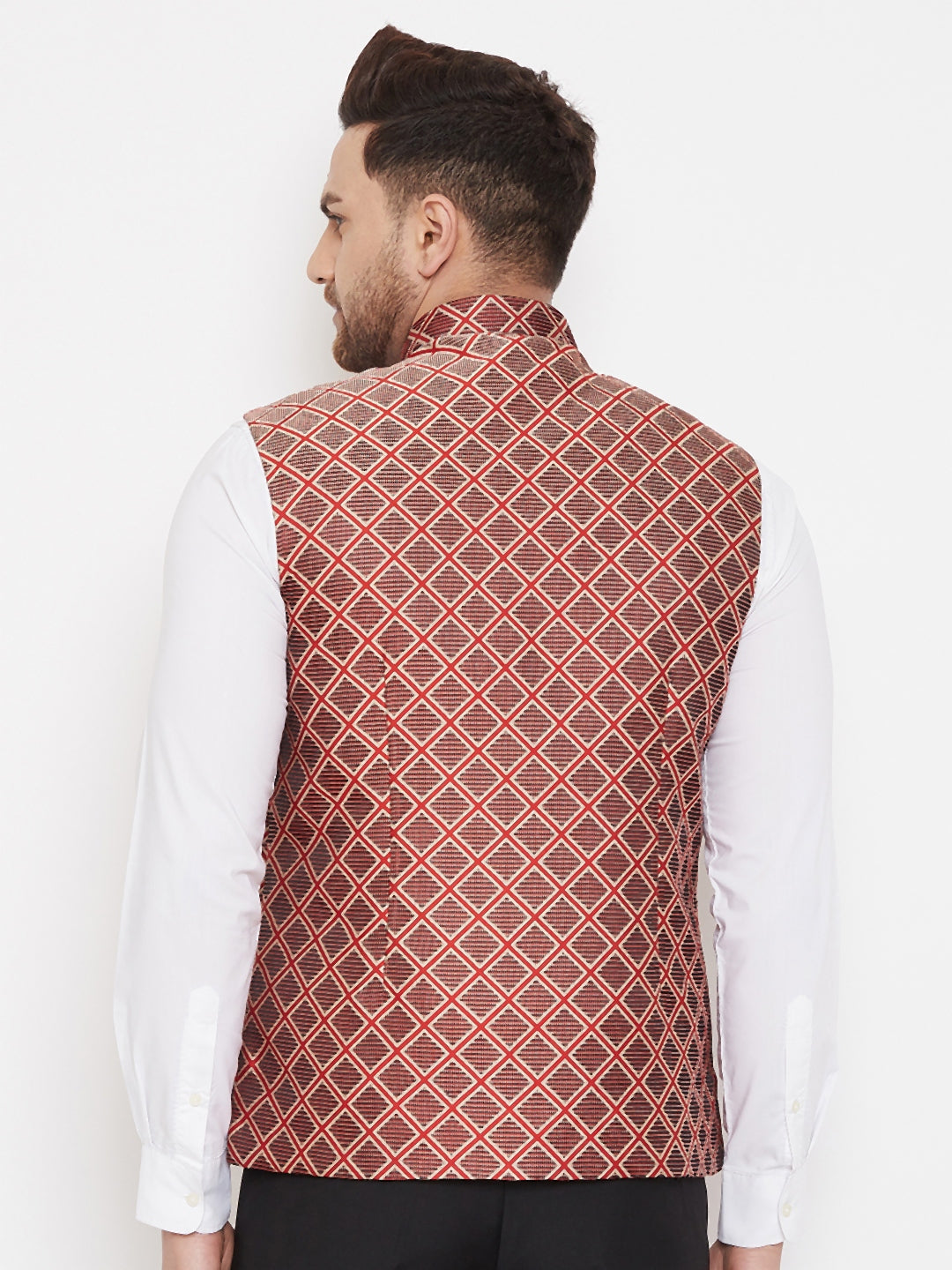 Men's Red Jute Cotton Zipper Nehru Jacket