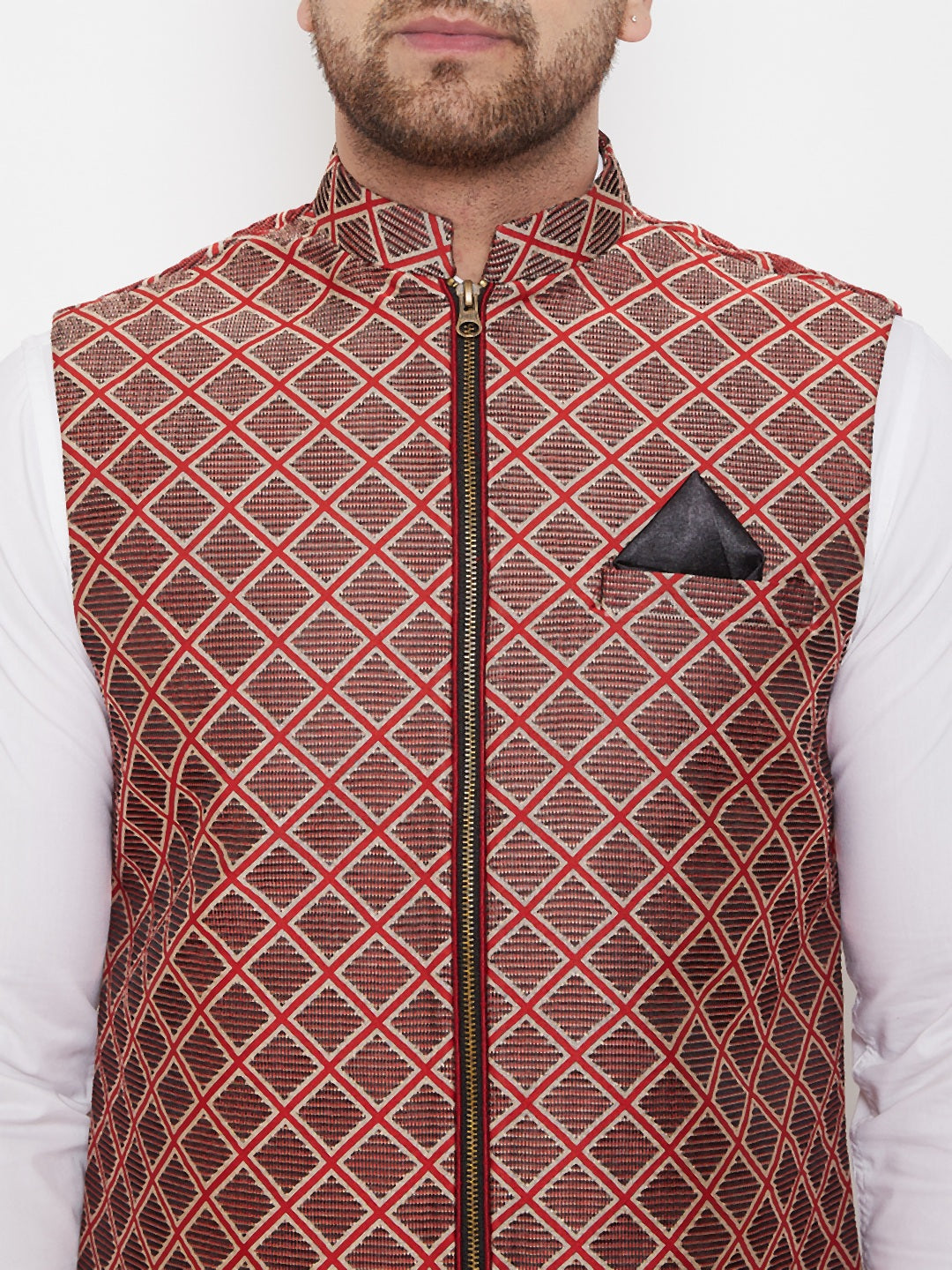 Men's Red Jute Cotton Zipper Nehru Jacket