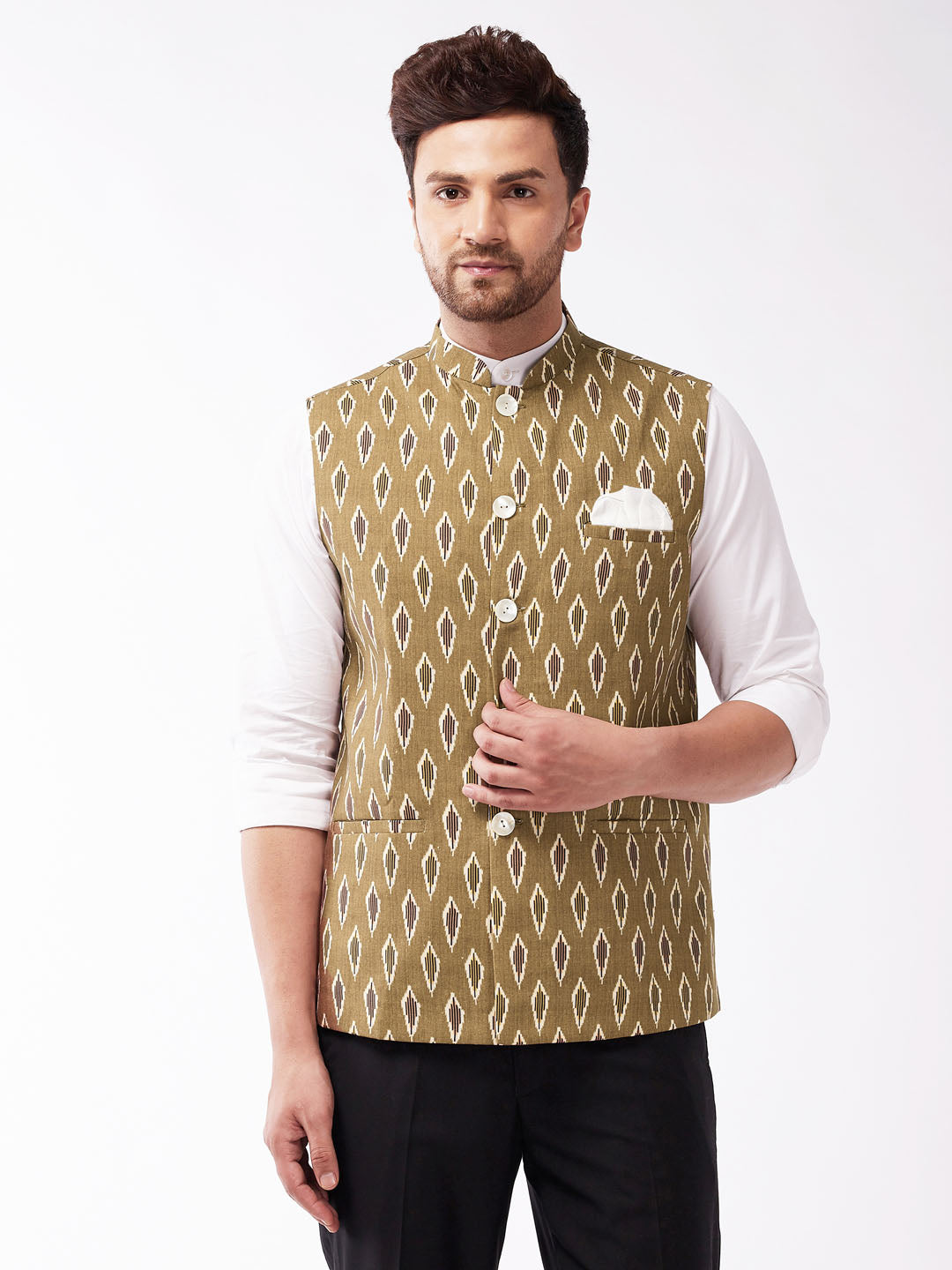Men's Multicolour-Base-Green Cotton Nehru Jacket