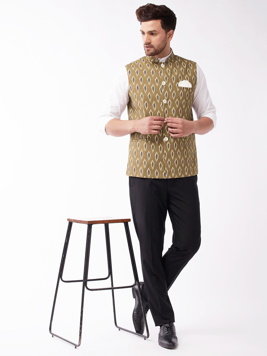 Men's Multicolour-Base-Green Cotton Nehru Jacket