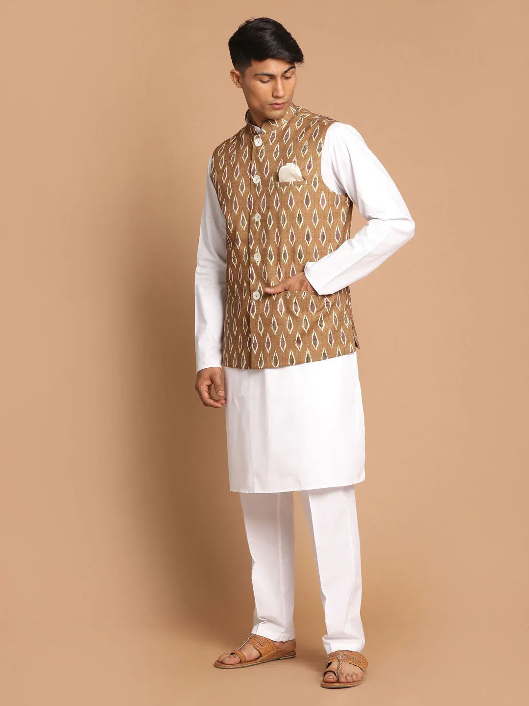 Men's Multicolour-Base-Green Cotton Nehru Jacket With White Pant