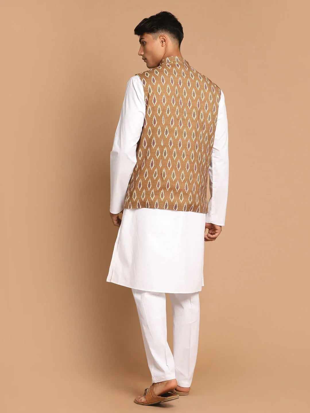 Men's Multicolour-Base-Green Cotton Nehru Jacket With White Pant