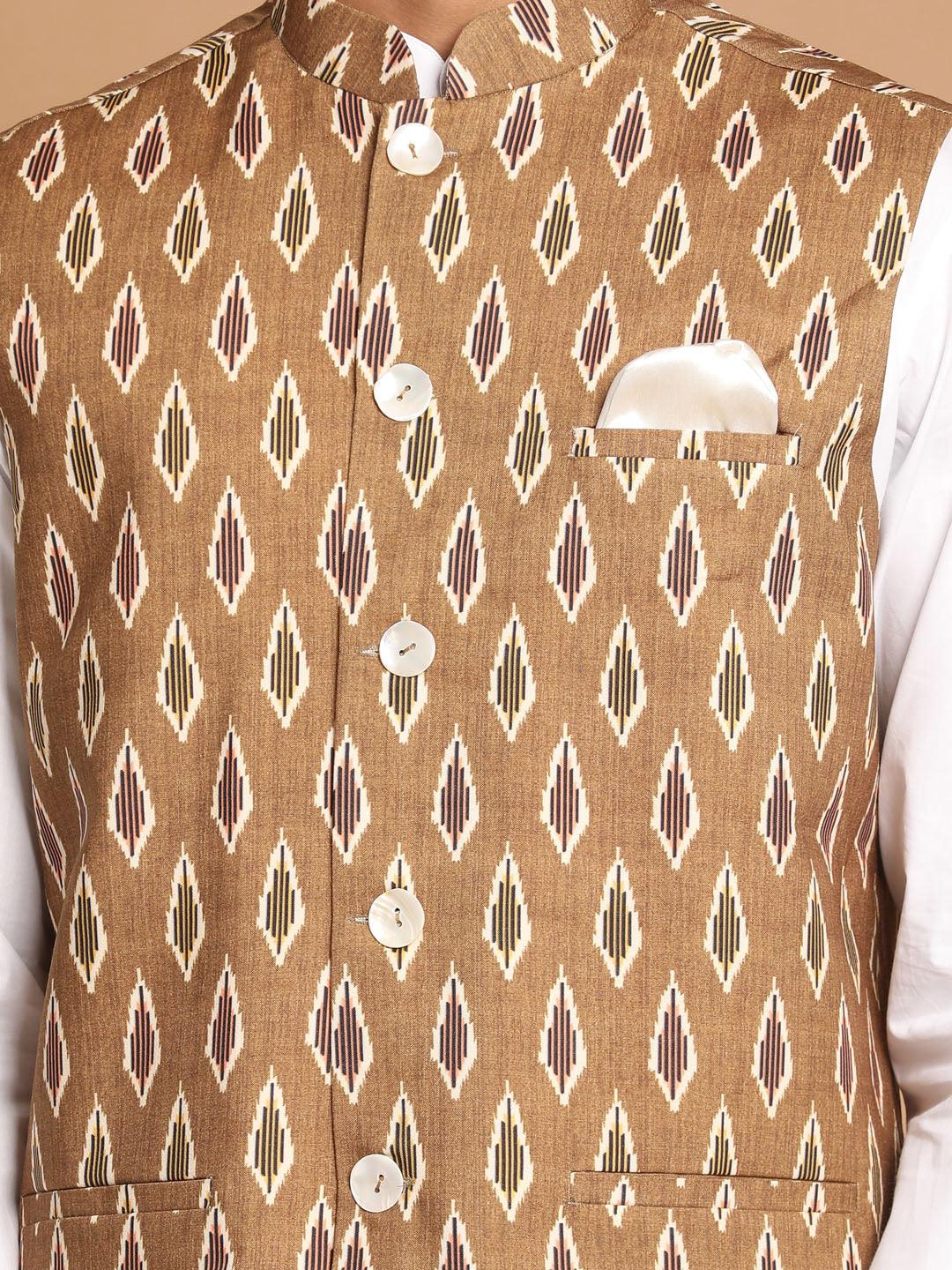 Men's Multicolour-Base-Green Cotton Nehru Jacket With White Pant