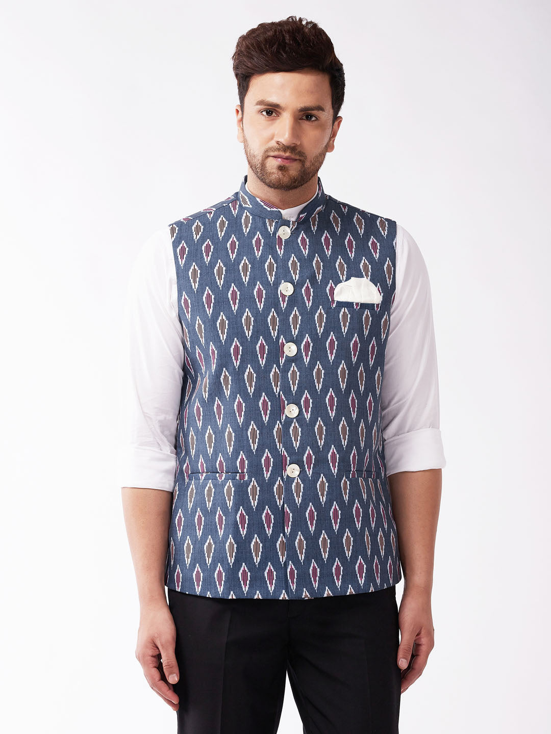 Men's Multicolor -Base-Grey Cotton Blend Nehru Jacket