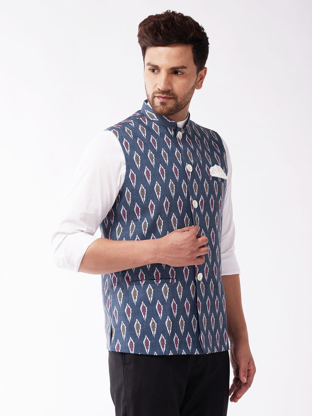 Men's Multicolor -Base-Grey Cotton Blend Nehru Jacket