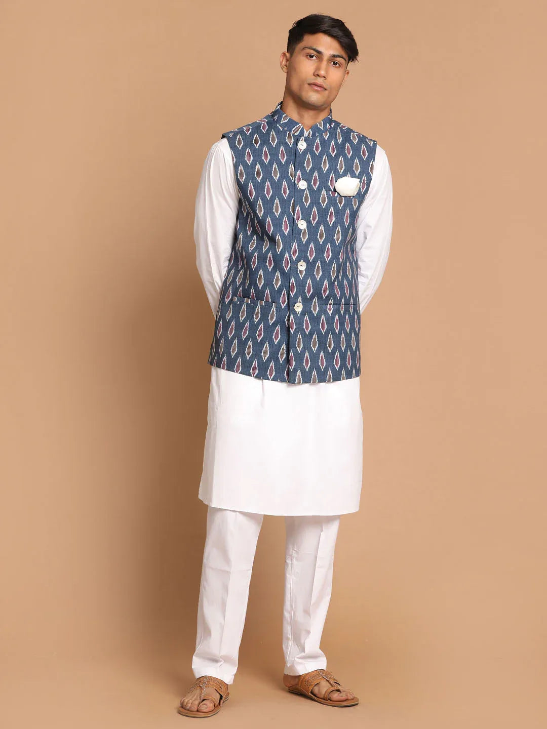 Men's Grey Cotton Nehru Jacket With White Cotton Pant