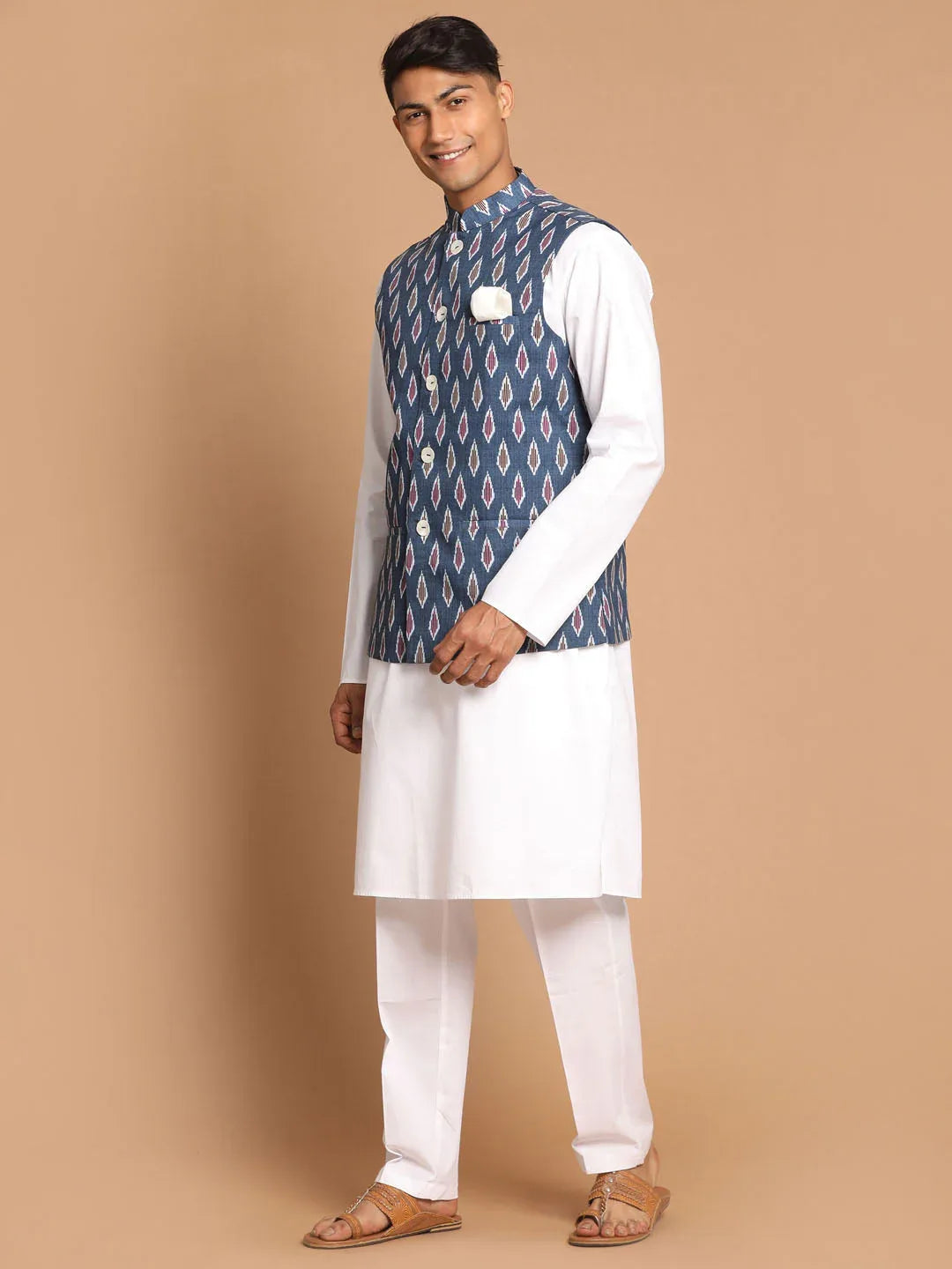 Men's Grey Cotton Nehru Jacket With White Cotton Pant