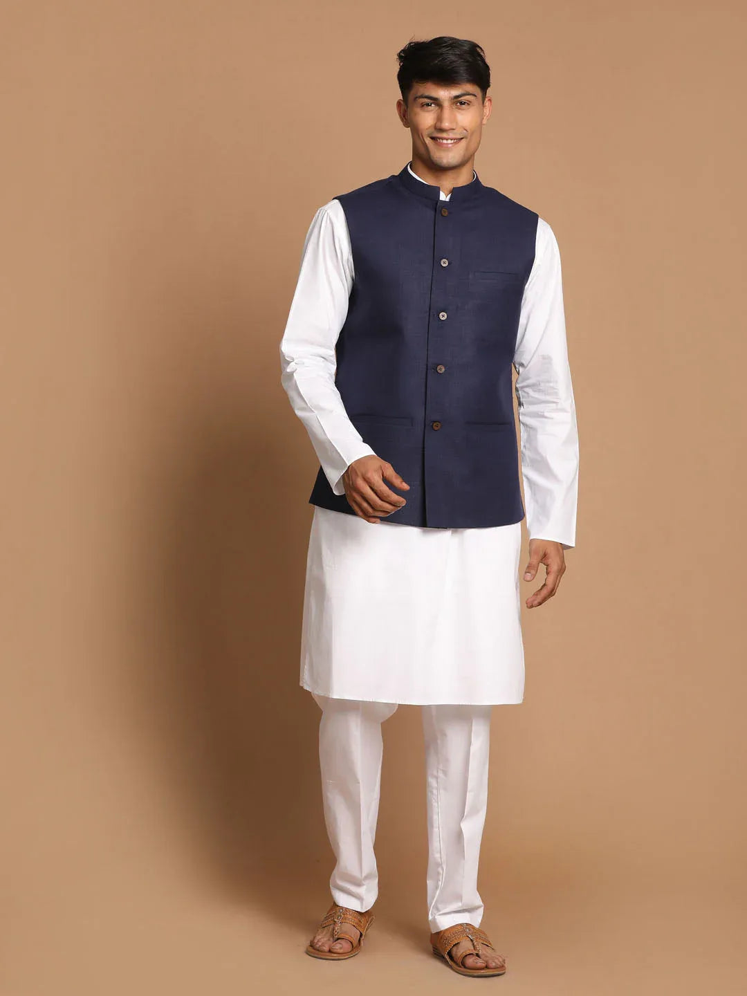 Men's Navy Blue Cotton Nehru Jacket With White Kurta And Pant