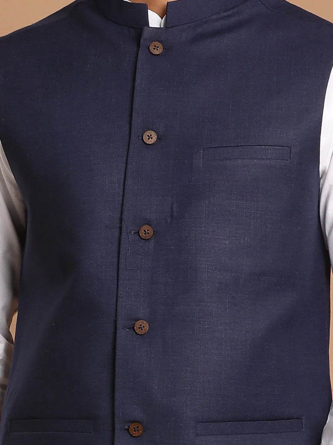 Men's Navy Blue Cotton Nehru Jacket With White Kurta And Pant