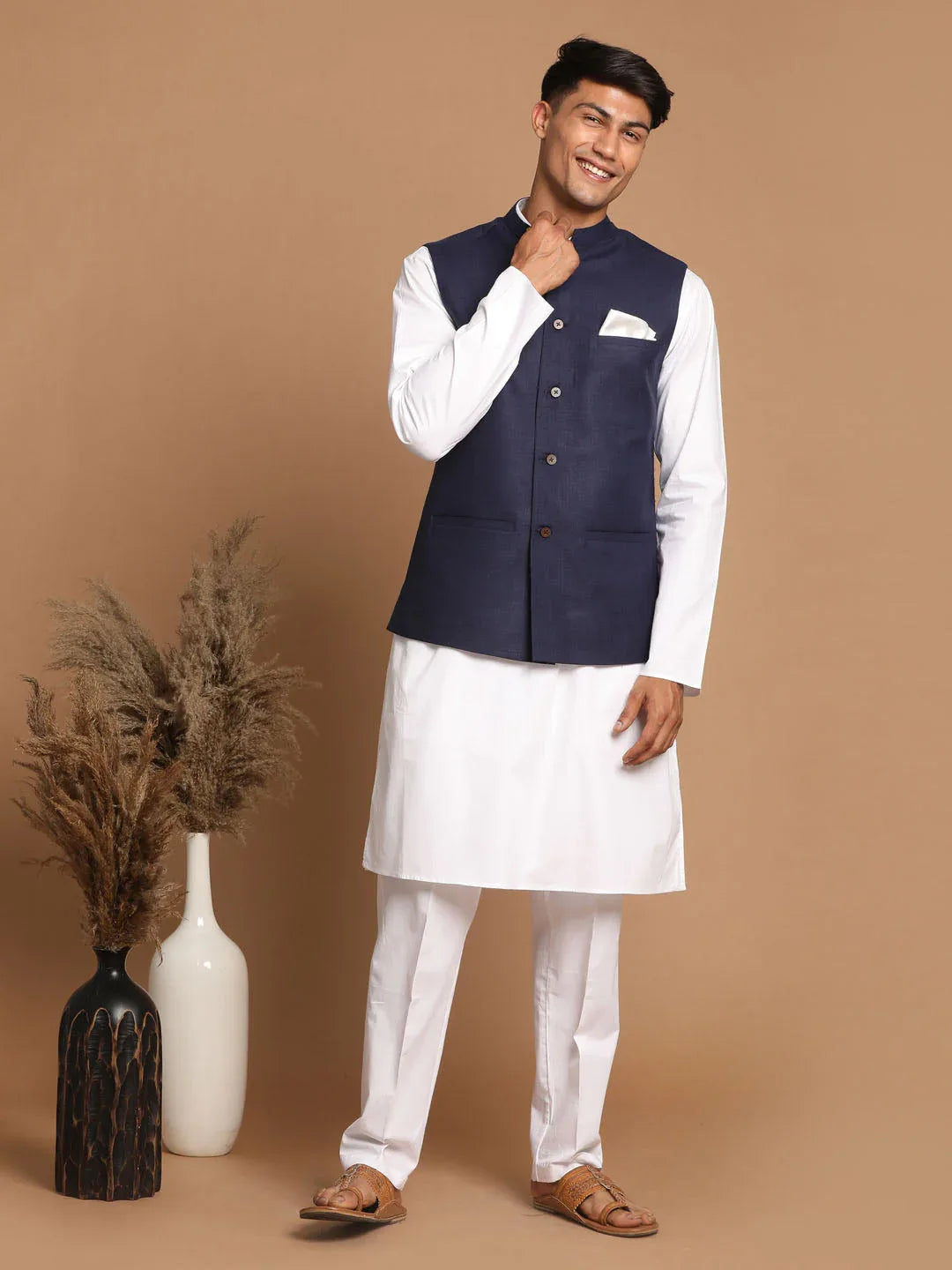 Men's Navy Blue Cotton Nehru Jacket With White Kurta And Pant