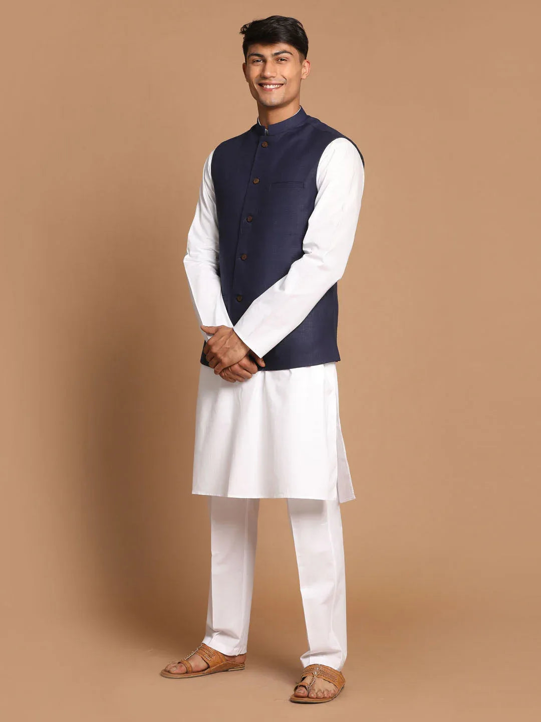 Men's Navy Blue Solid Nehru Jacket With White Solid Kurta And White Cotton Pant Style Pyjama Set