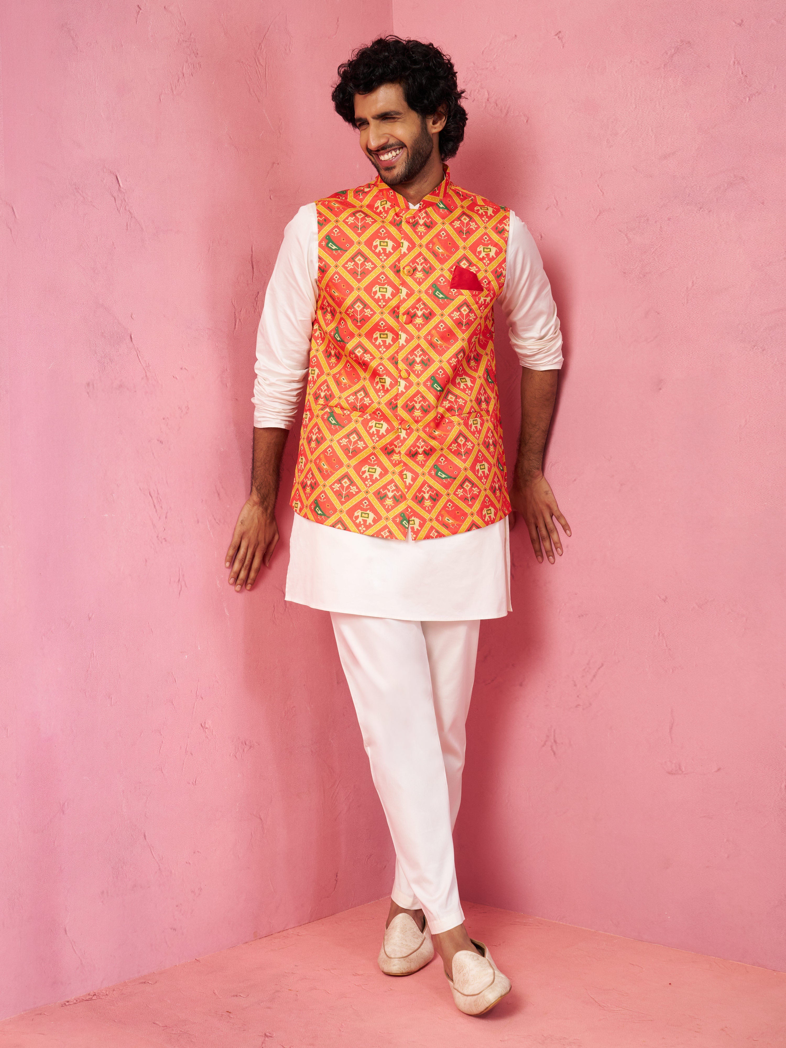 Men's Red Patola Print Nehru Jacket