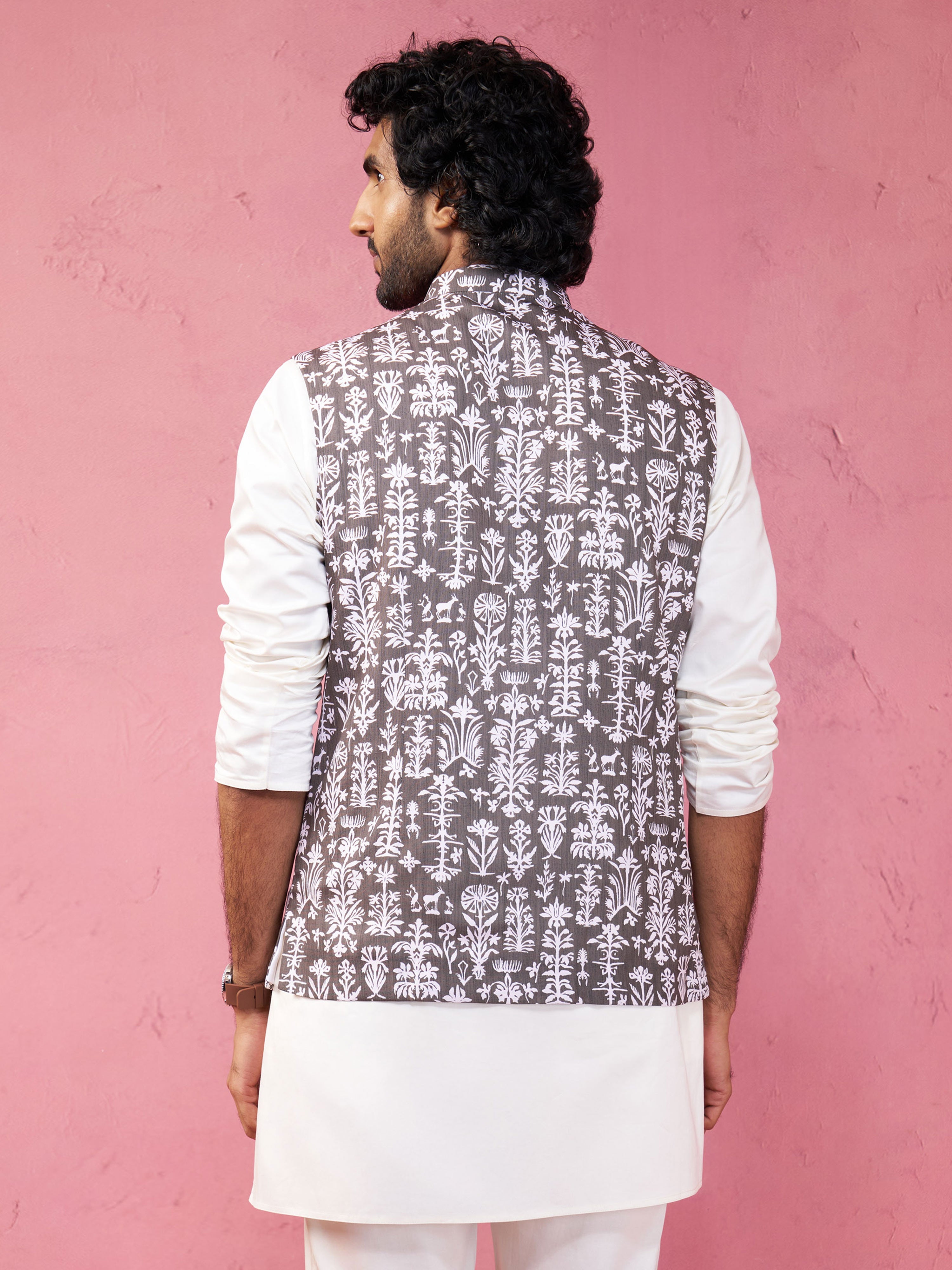 Men's Mehdi Green And White Printed Cotton Blend Nehru Jacket
