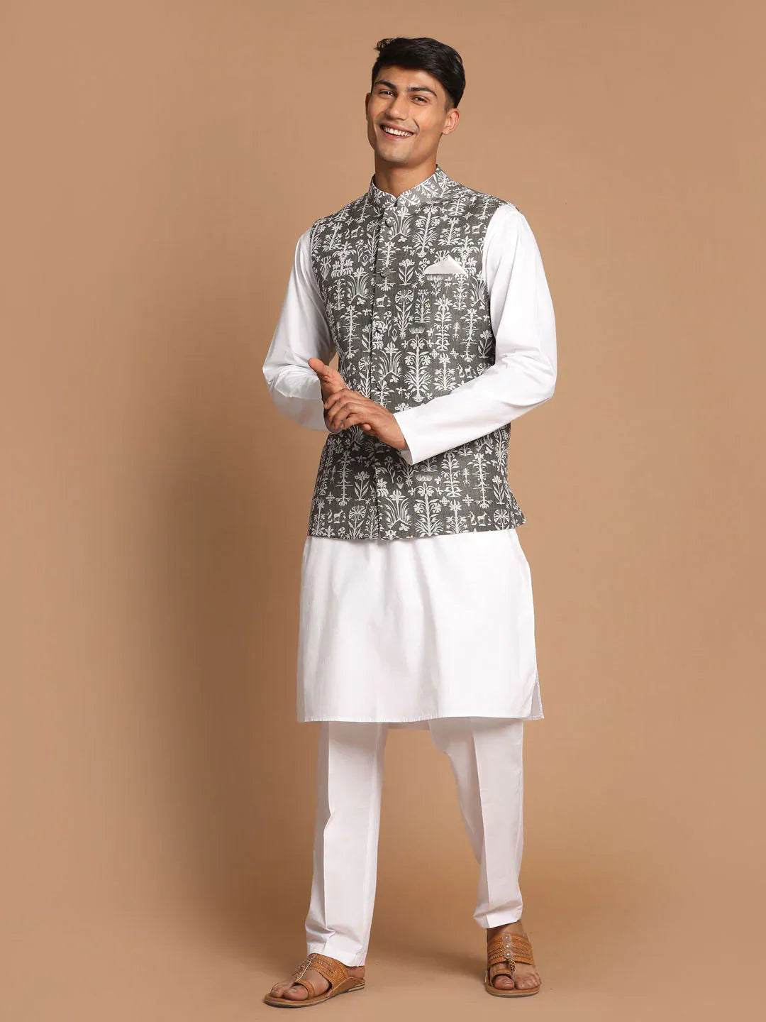 Men's Mehendi Green Printed Nehru Jacket With White Solid Kurta & Pant Set
