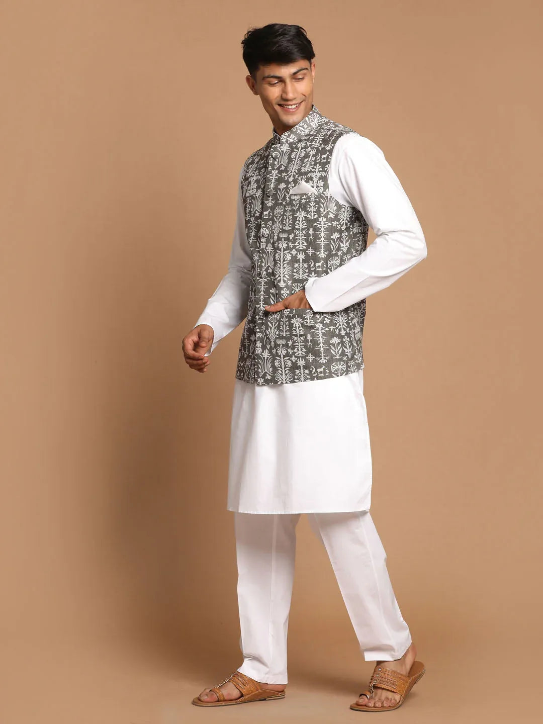 Men's Mehendi Green Printed Nehru Jacket With White Solid Kurta & Pant Set