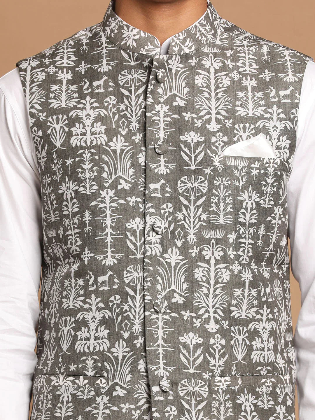 Men's Mehendi Green Printed Nehru Jacket With White Solid Kurta & Pant Set