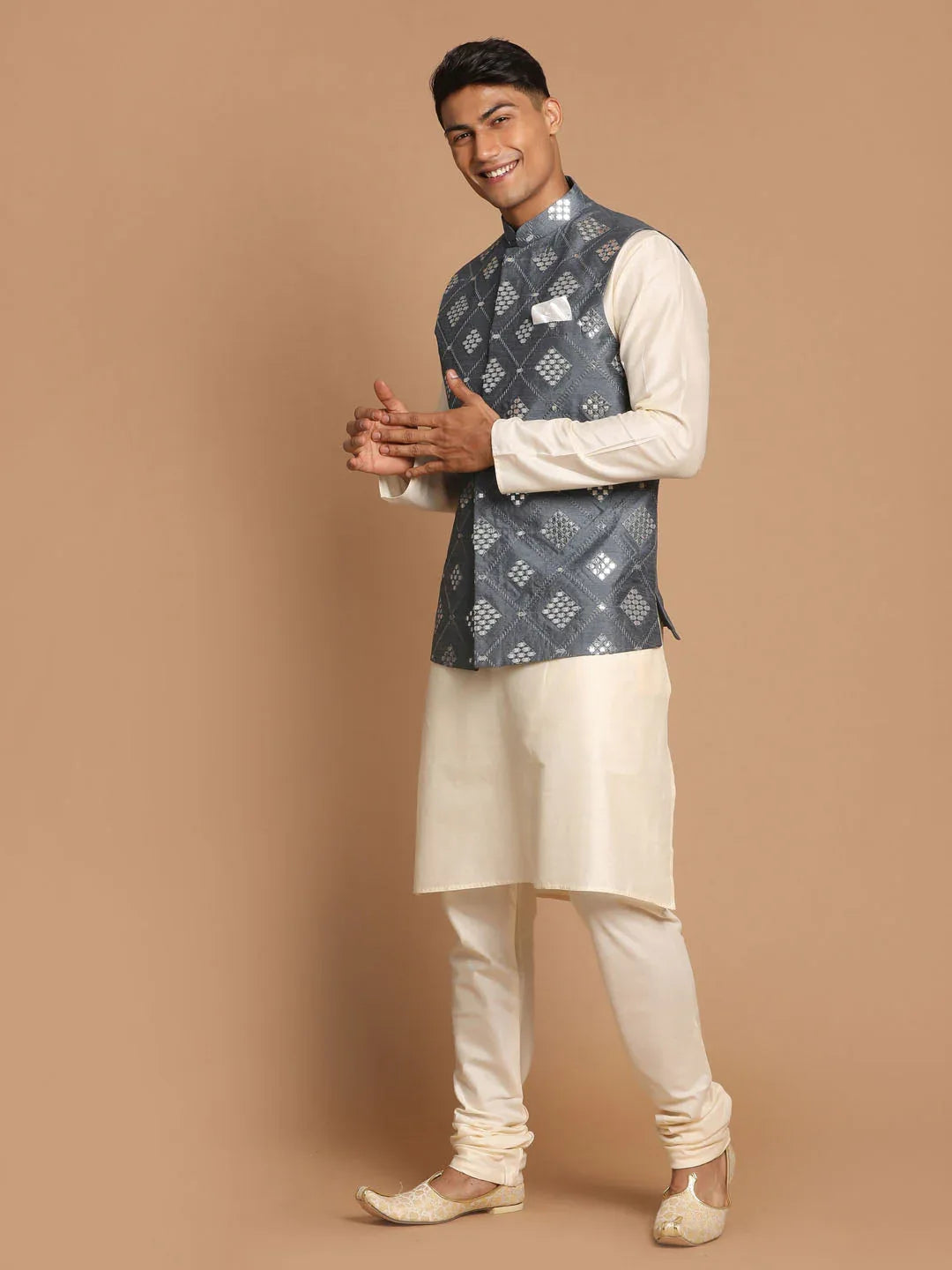 Men's Grey Mirror-Work Silk Blend Nehru Jacket With Solid Kurta & Pyjama Set