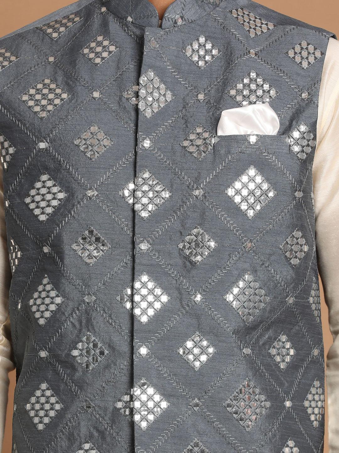 Men's Grey Mirror-Work Silk Blend Nehru Jacket With Solid Kurta & Pyjama Set
