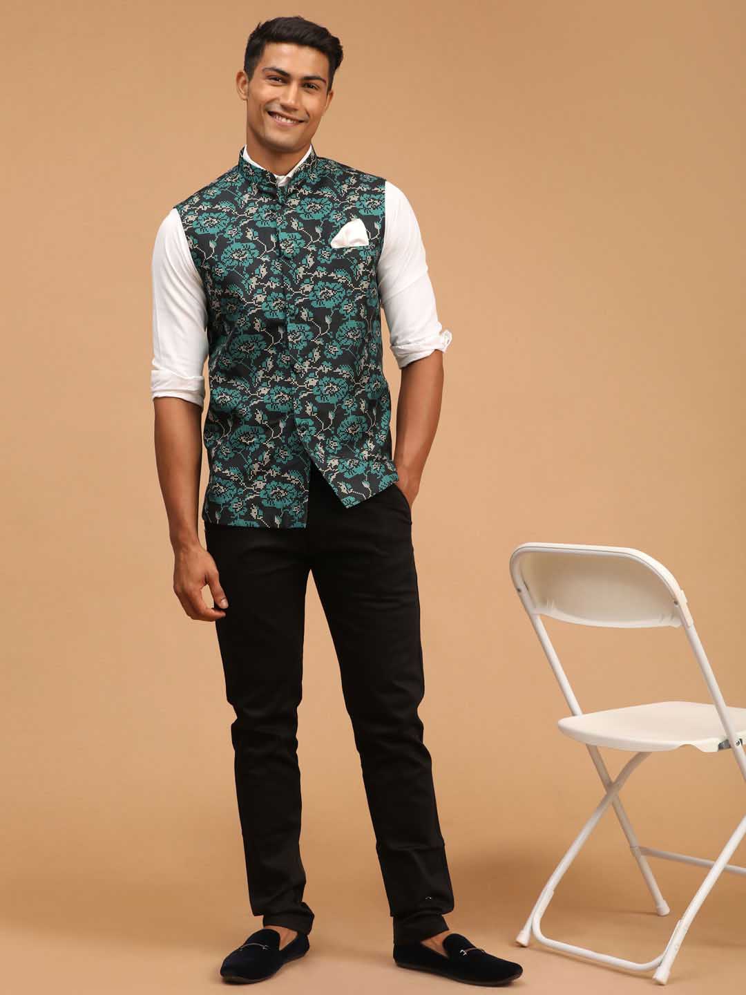 Men's Green Printed Nehru Jacket