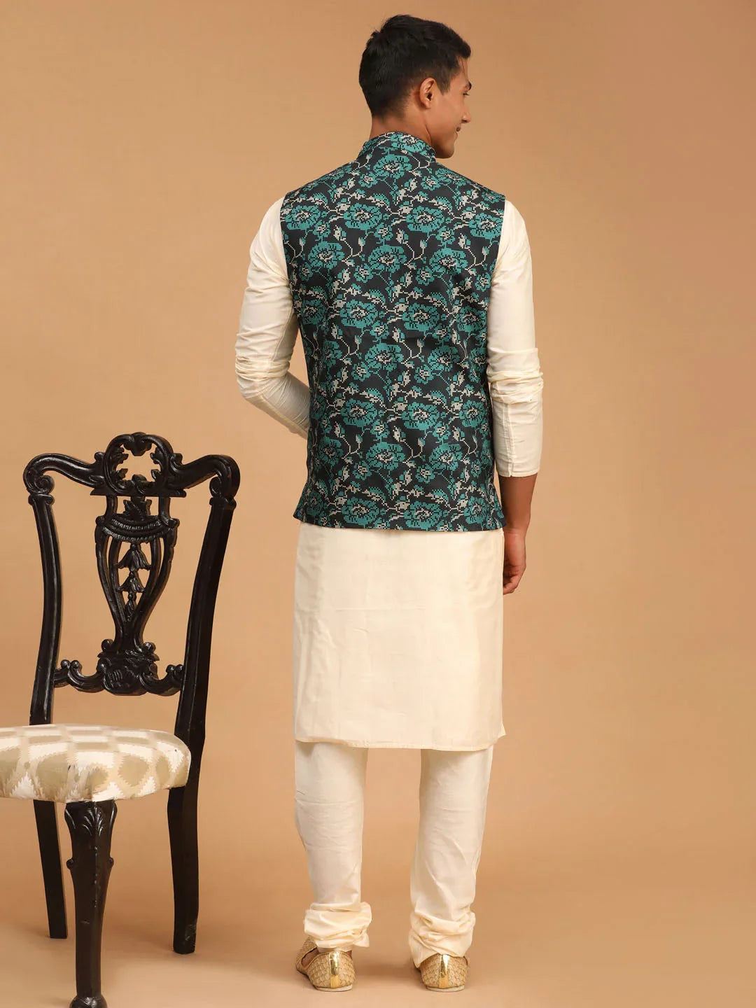 Men's Green Printed Nehru Jacket With Cream Solid Kurta & Pyjama Set