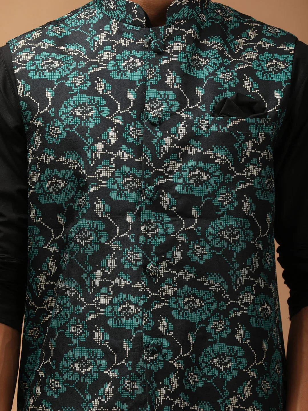 Men's Green Printed Nehru Jacket With Black Solid Kurta & Pyjama Set