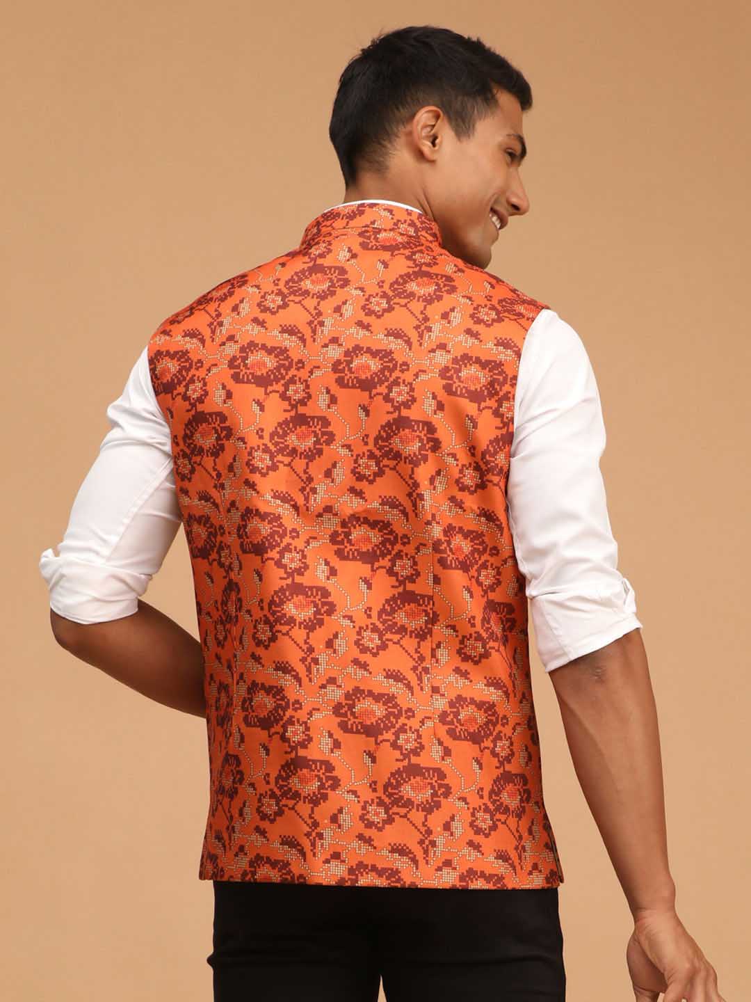 Men's Rust Printed Nehru Jacket