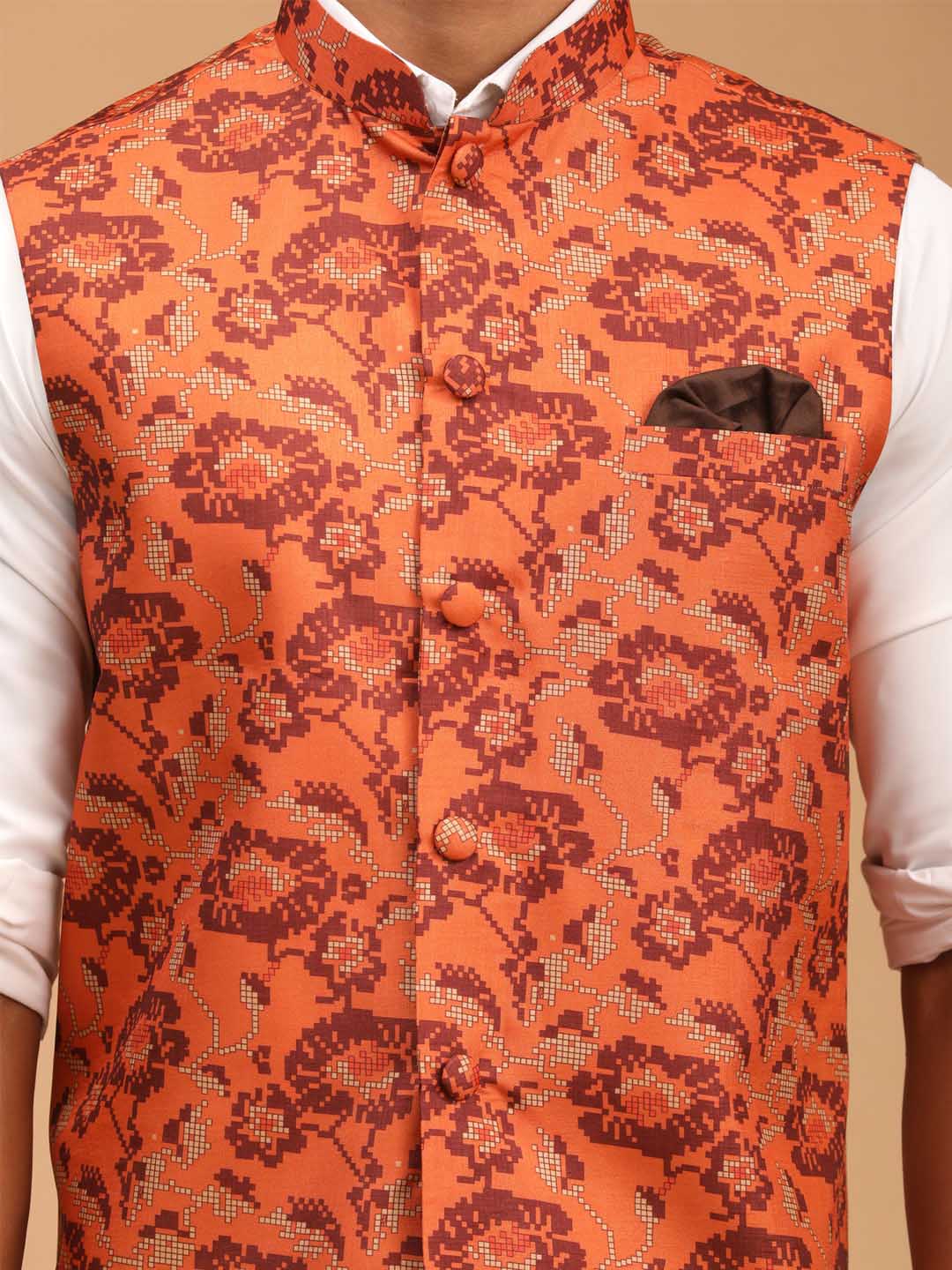 Men's Rust Printed Nehru Jacket