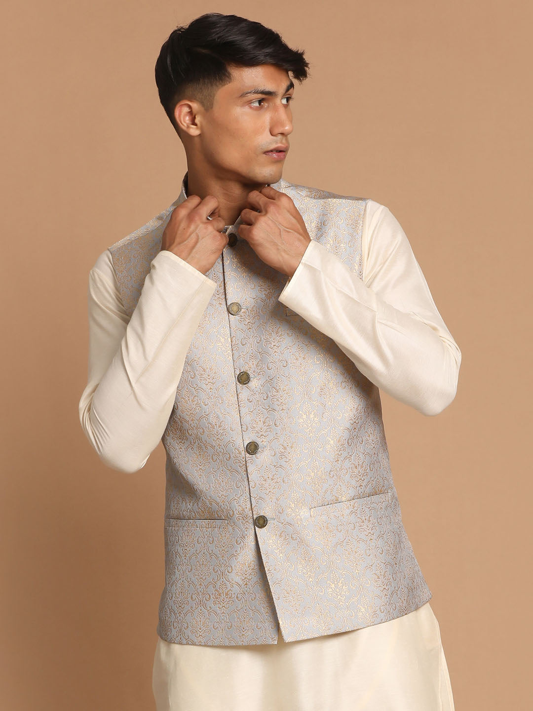 Men's Grey Silk Blend Woven Nehru Jacket