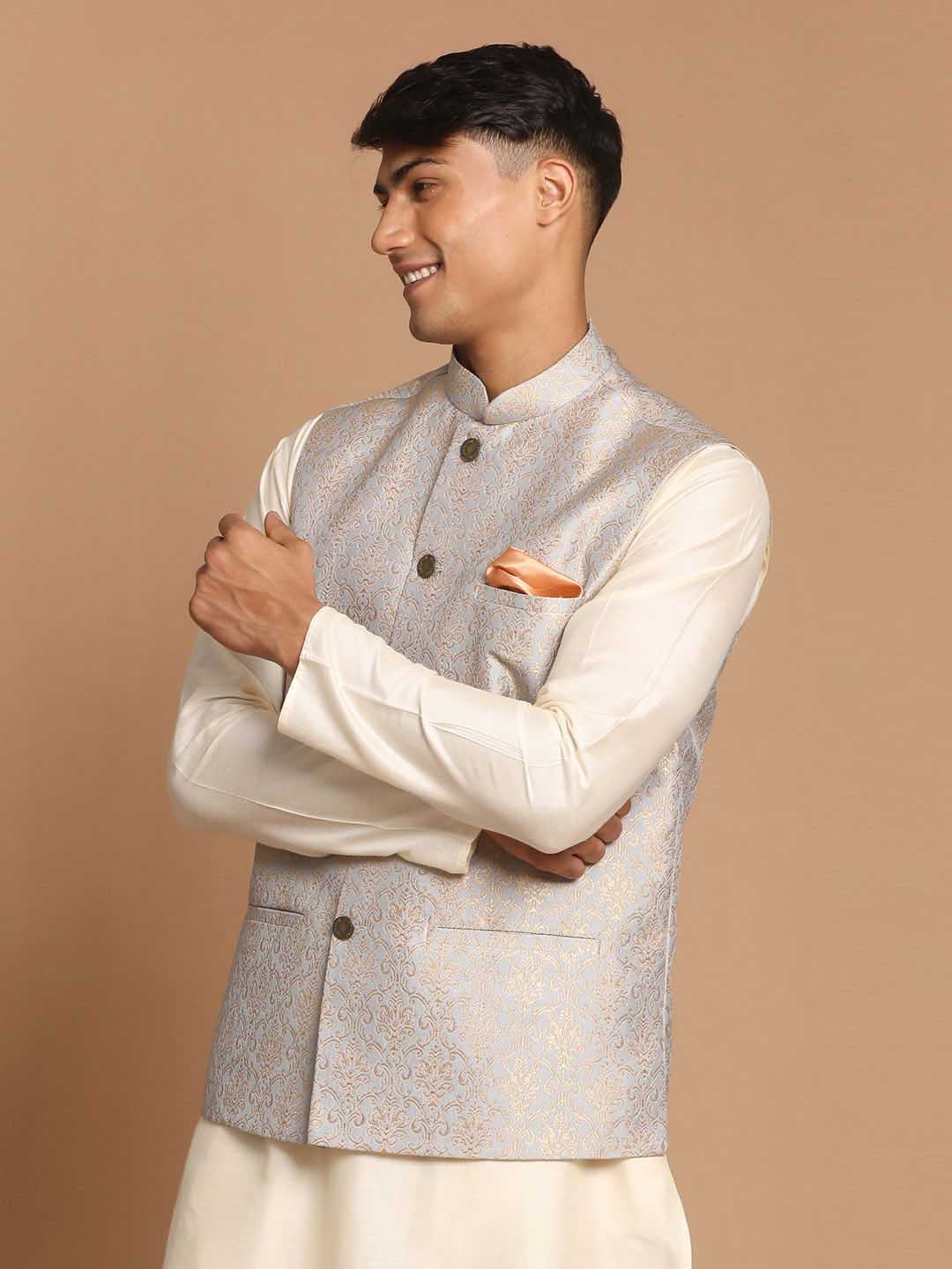 Men's Grey Silk Blend Woven Nehru Jacket