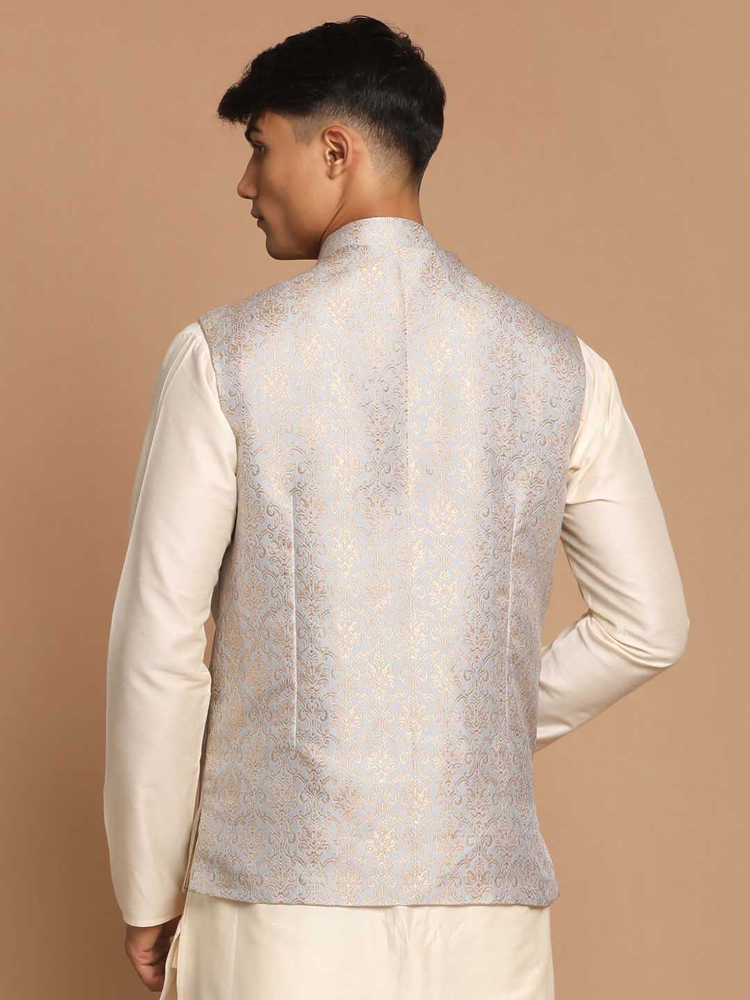Men's Grey Silk Blend Woven Nehru Jacket