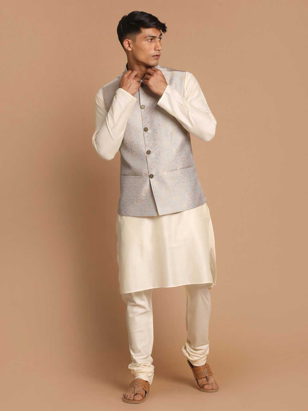 Men's Grey Silk Blend Woven Nehru Jacket