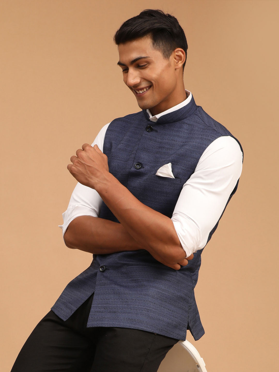 Navy Blue Cotton Blend Solid Nehru Jacket