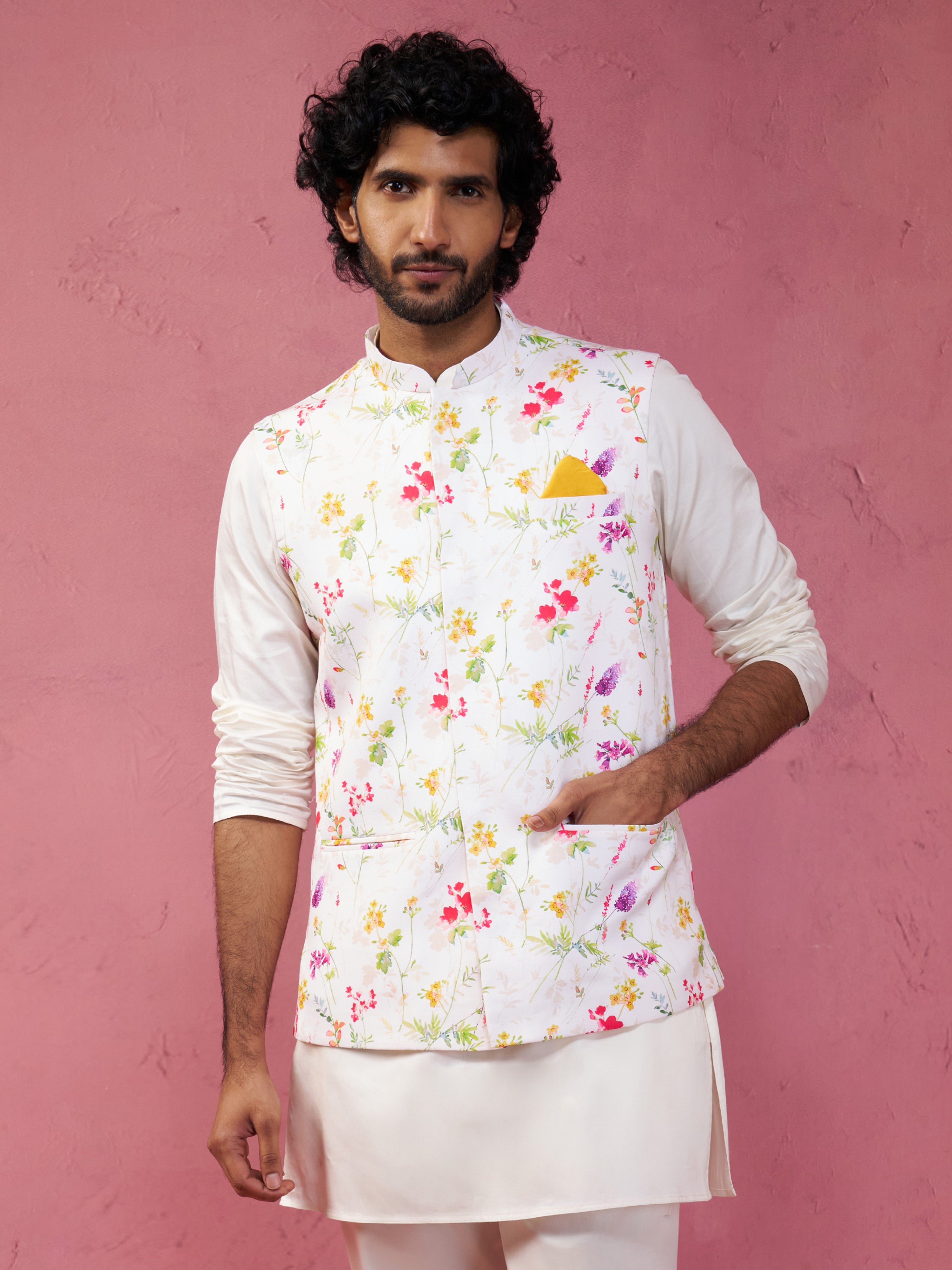 Men's Cream Base Multi Printed Cotton Blend Nehru Jacket