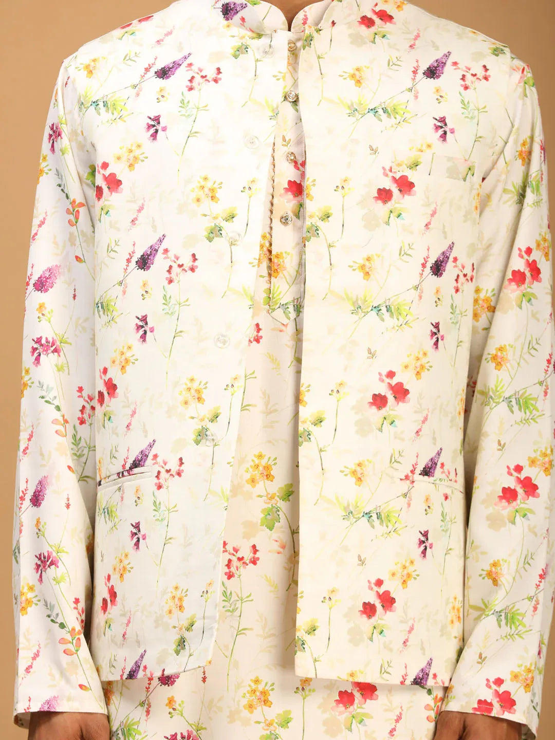 Cream Printed Nehru Jacket And Multicolor-Base Printed Kurta With Matching Rayon Pant Set