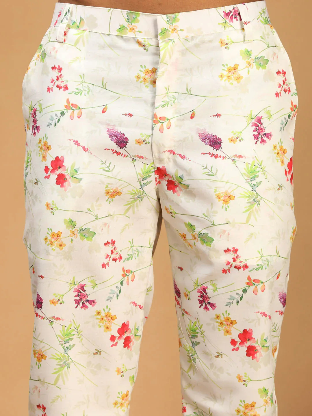 Cream Printed Nehru Jacket And Multicolor-Base Printed Kurta With Matching Rayon Pant Set