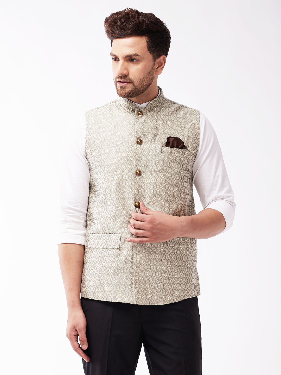 Men's Beige Jacquard Nehru Jacket