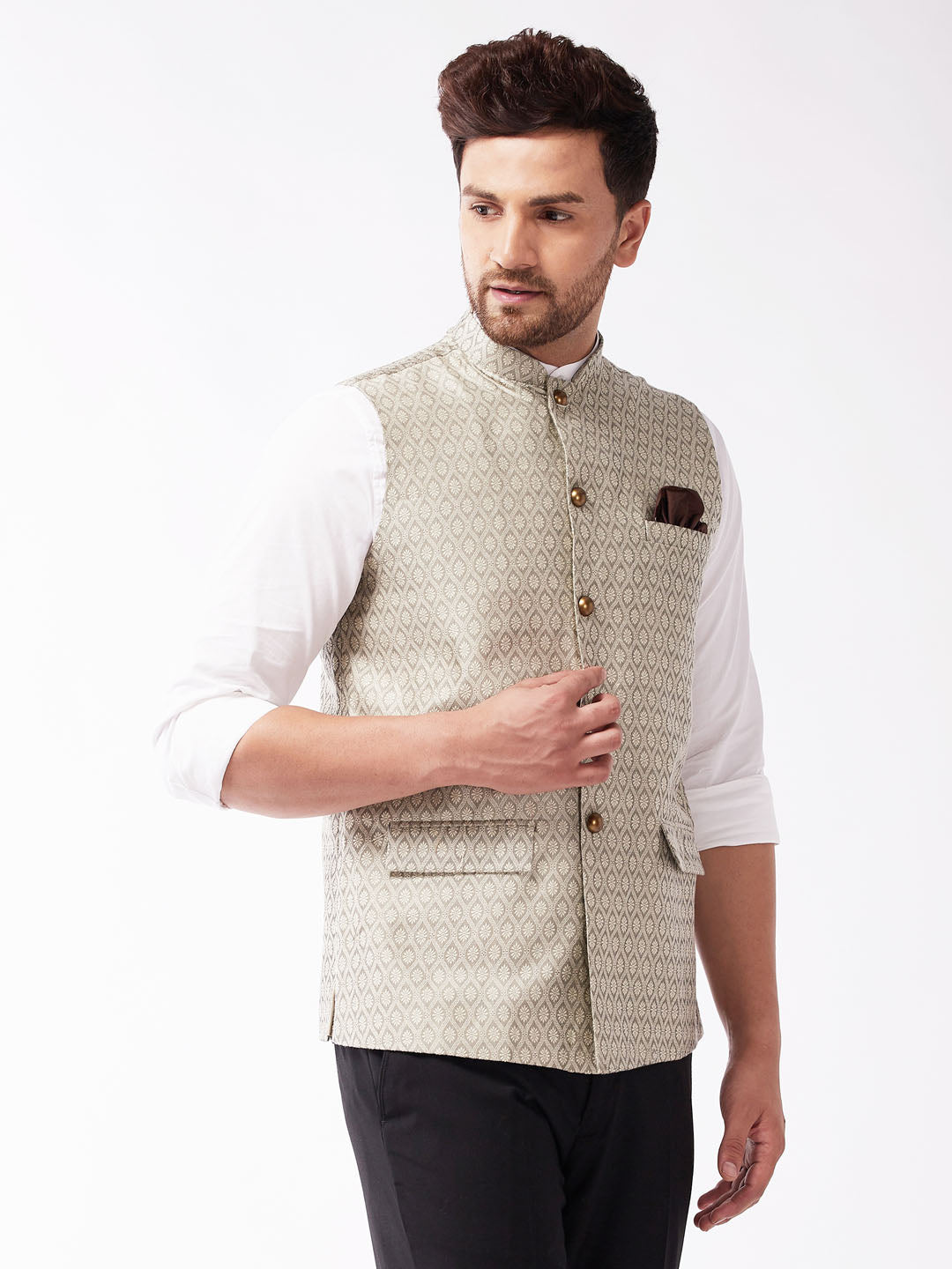 Men's Beige Jacquard Nehru Jacket