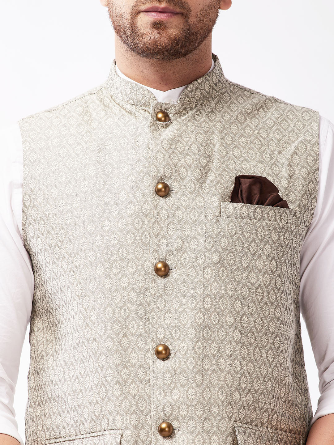 Men's Beige Jacquard Nehru Jacket