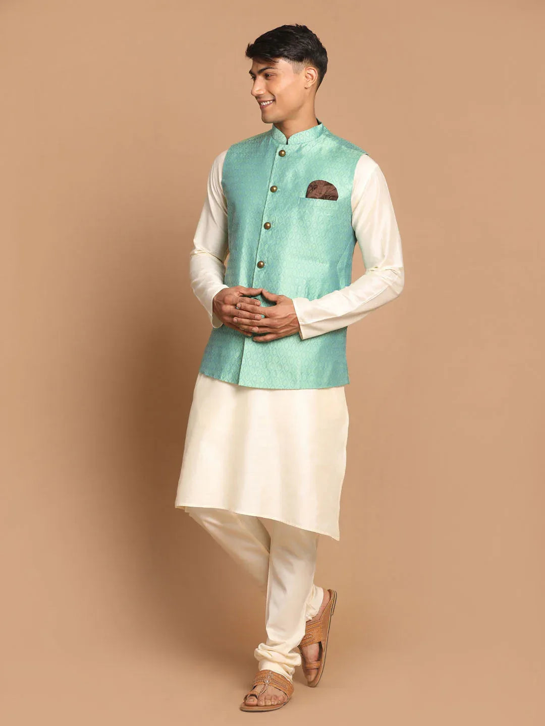 Men's Green Jacquard Nehru Jacket With Kurta Pyjama Set