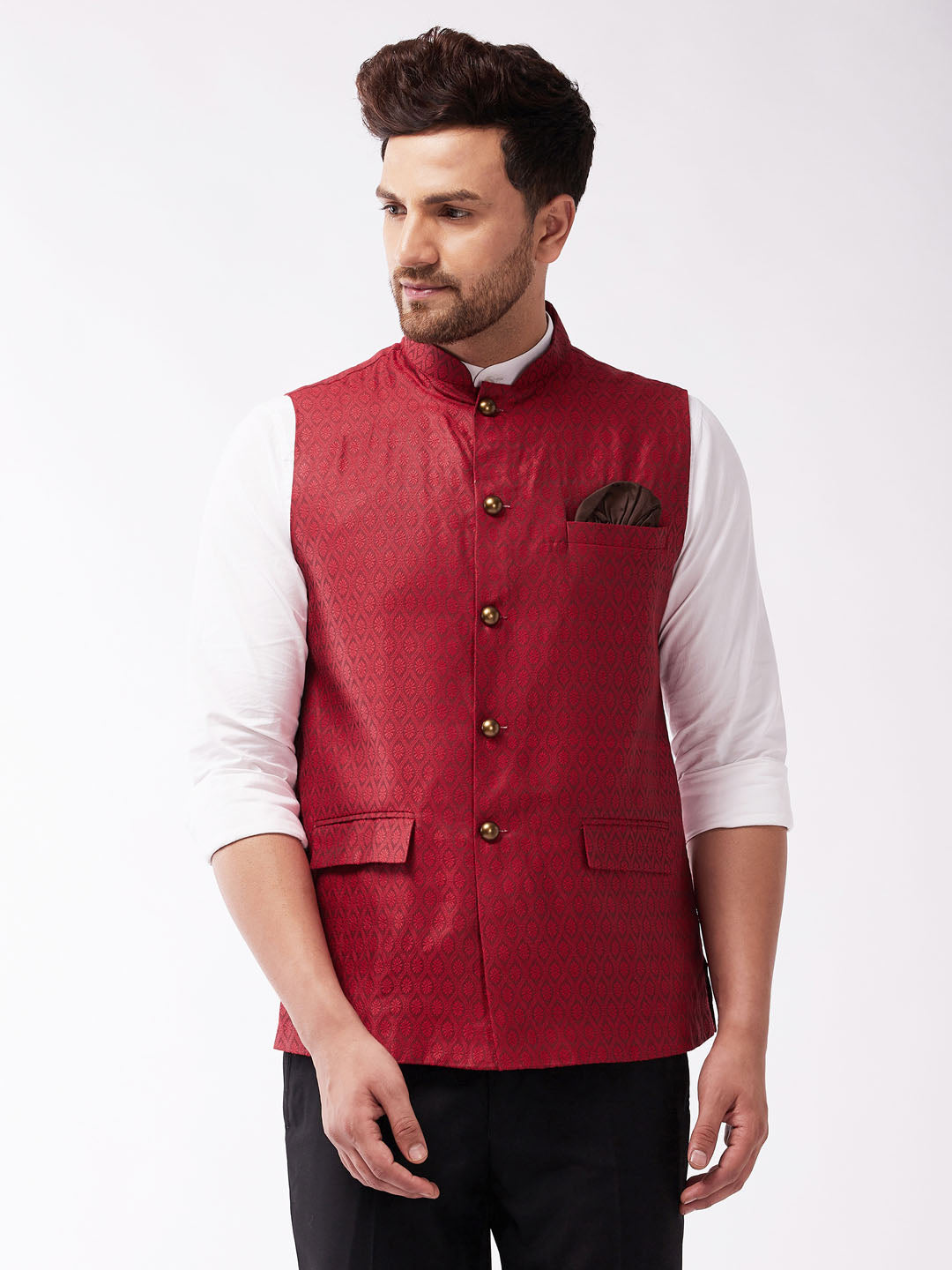 Men's Maroon Jacquard Nehru Jacket