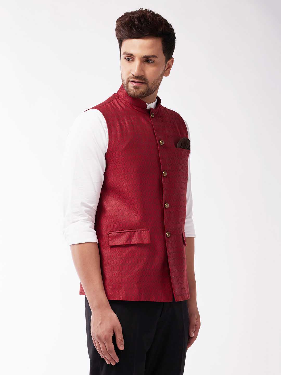 Men's Maroon Jacquard Nehru Jacket