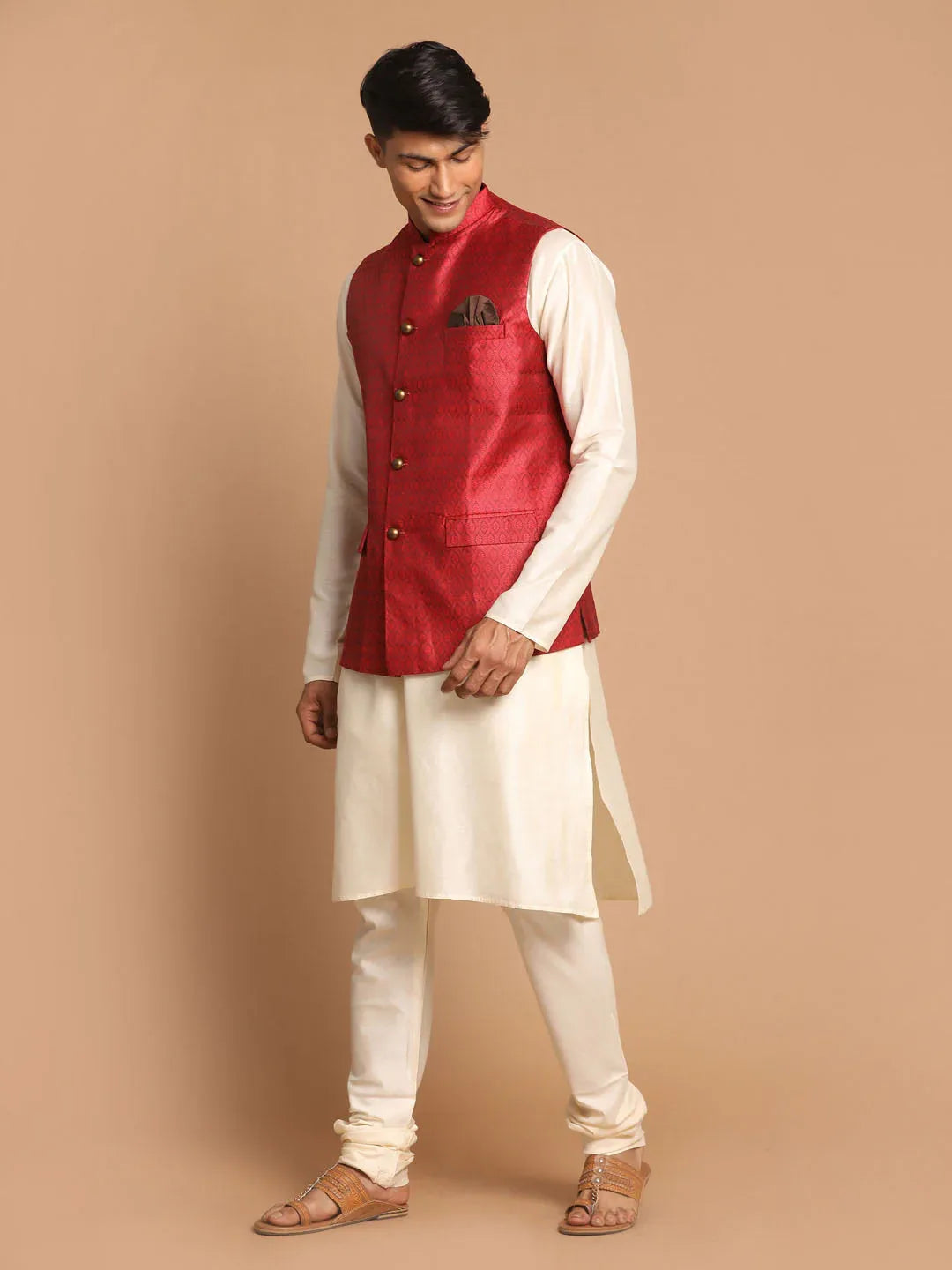 Men's Maroon Jacquard Nehru Jacket With Kurta Pyjama Set