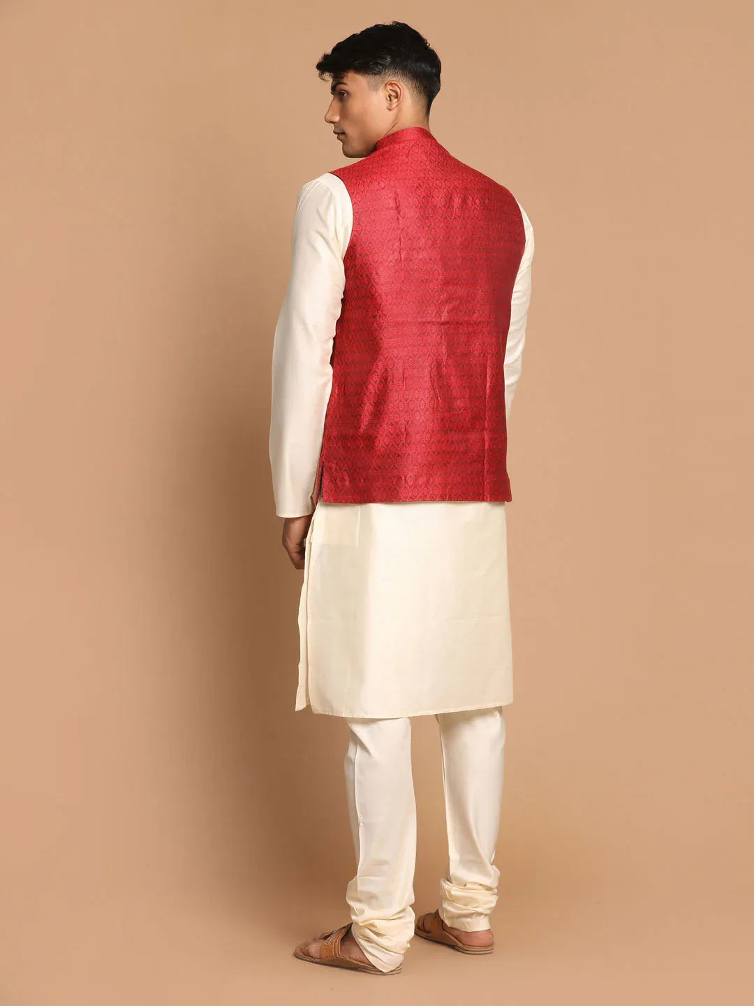 Men's Maroon Jacquard Nehru Jacket With Kurta Pyjama Set