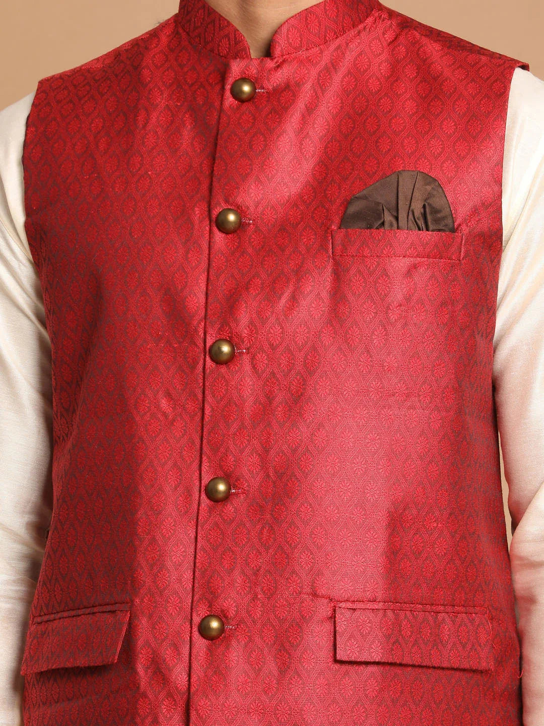 Men's Maroon Jacquard Nehru Jacket With Kurta Pyjama Set