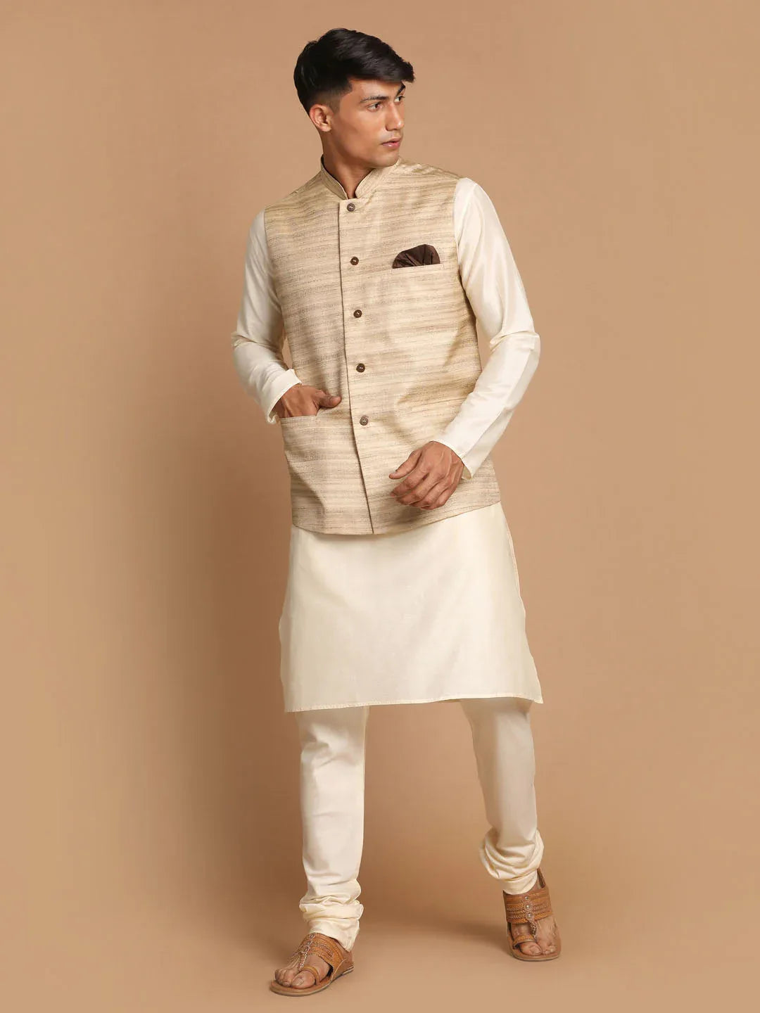 Men's Beige Textured Slim-Fit Nehru Jacket With Cream Colored Kurta Pajama Set