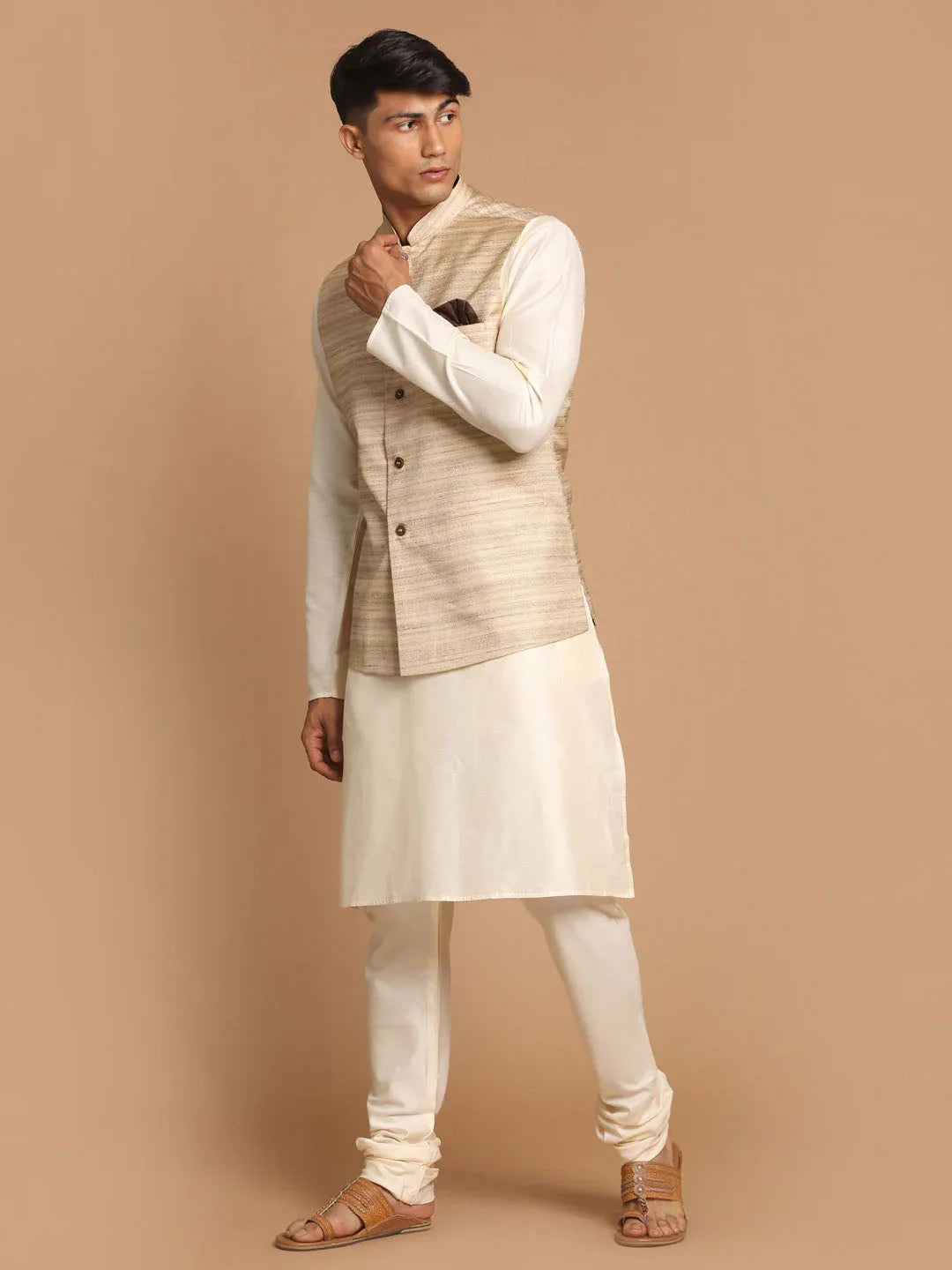 Men's Beige Textured Slim-Fit Nehru Jacket With Cream Colored Kurta Pajama Set
