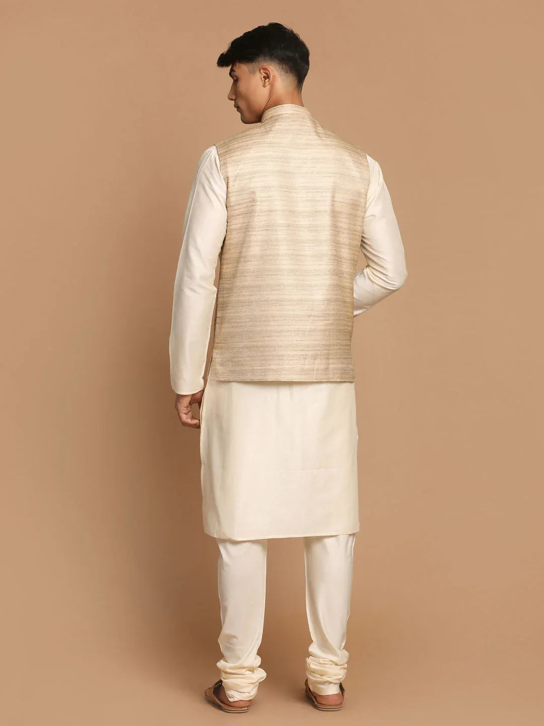 Men's Beige Textured Slim-Fit Nehru Jacket With Cream Colored Kurta Pajama Set
