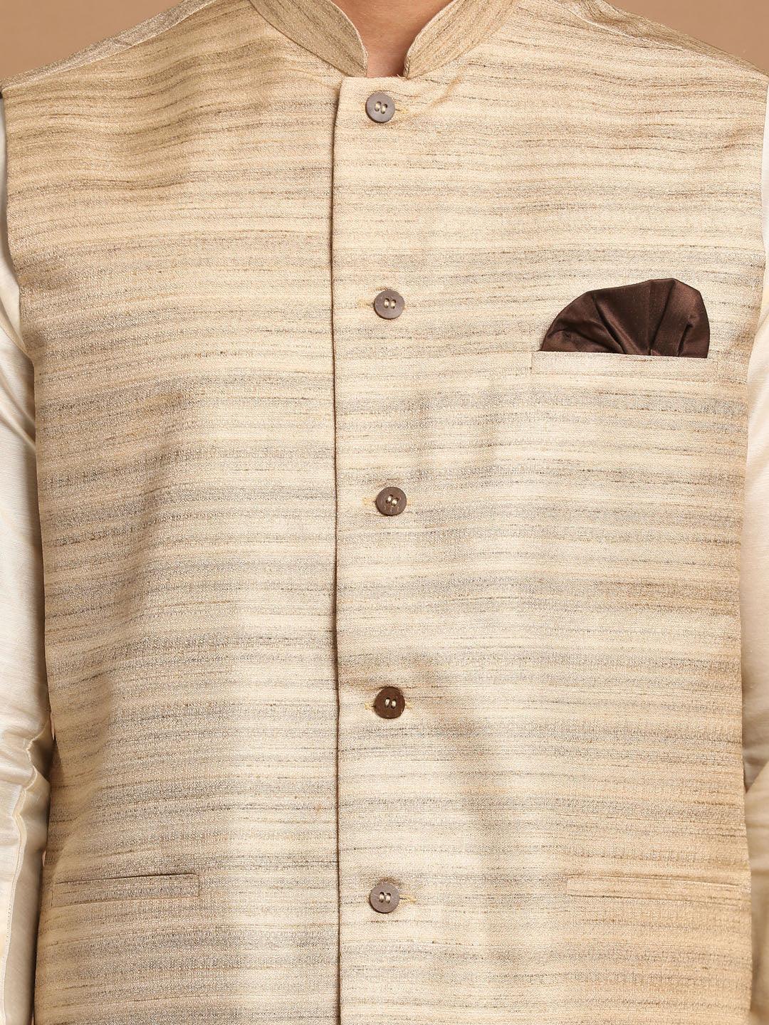 Men's Beige Textured Slim-Fit Nehru Jacket With Cream Colored Kurta Pajama Set